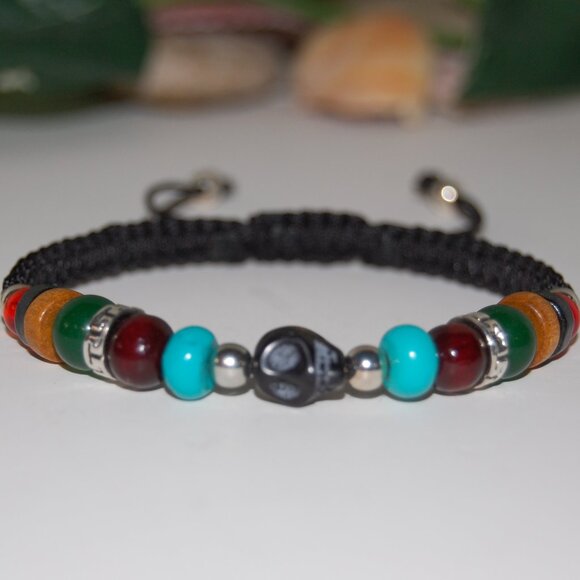Skull Bracelet,Multi Color Beads,Stone Skull Charm Bracelet,Drawstring *Bracelet - Picture 2 of 2